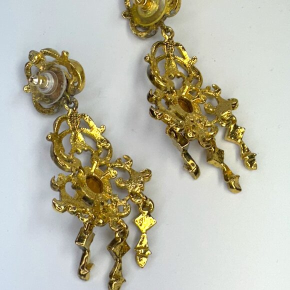 Gold Tone and Purple Stones Chandelier Pierced Earrings Prom - Picture 4 of 6